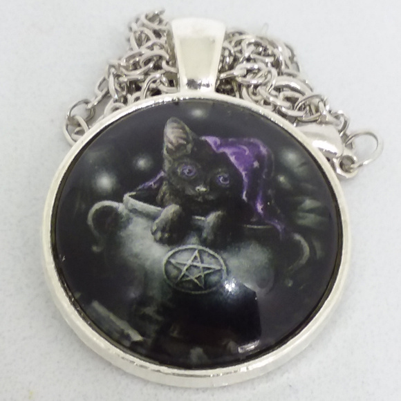 Luny's Emporium Jewelry - Black Cat & Caludron Wicca Photo Glass Necklace